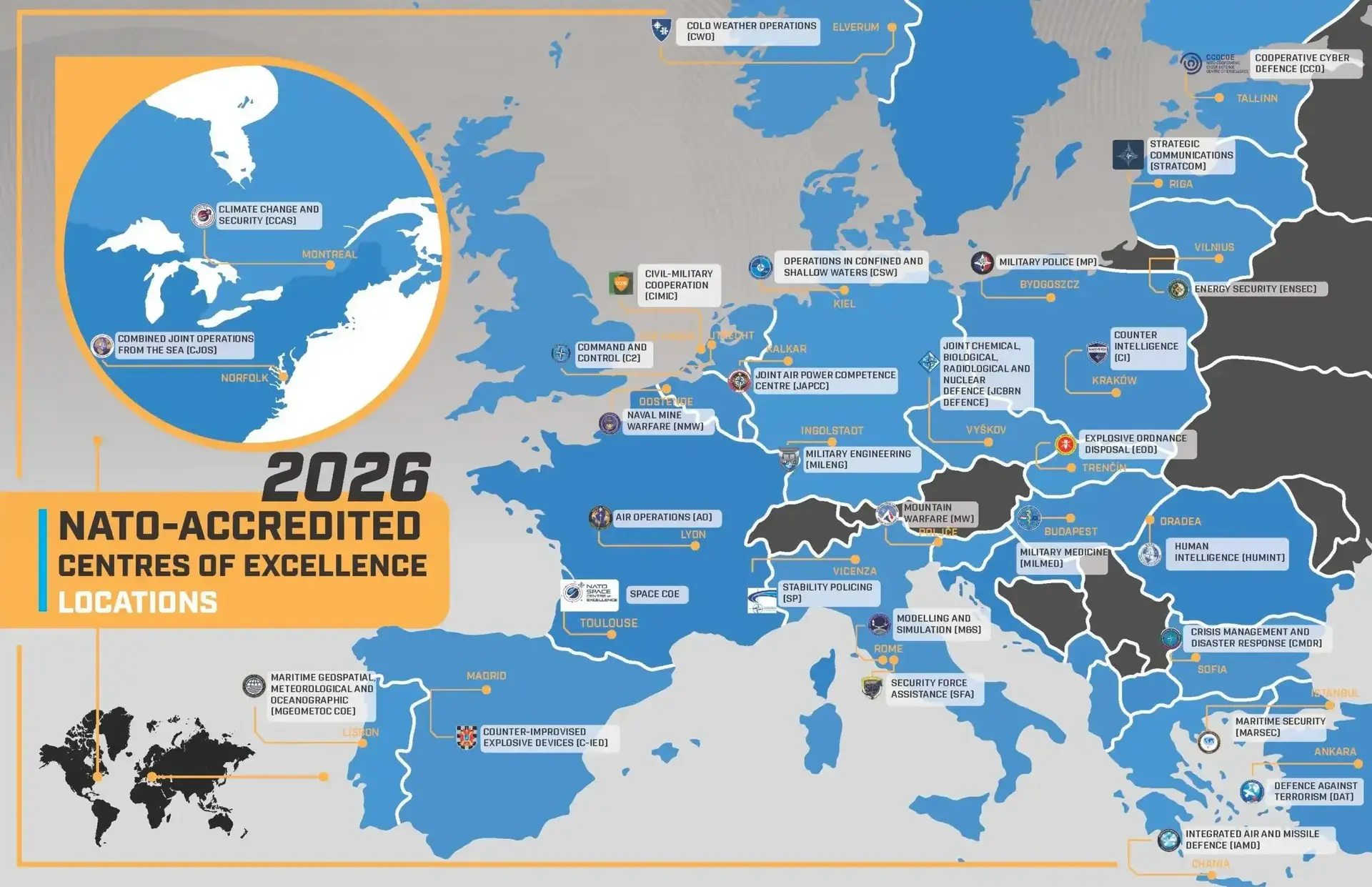 Map of NATO-accredited Centres of Excellence locations