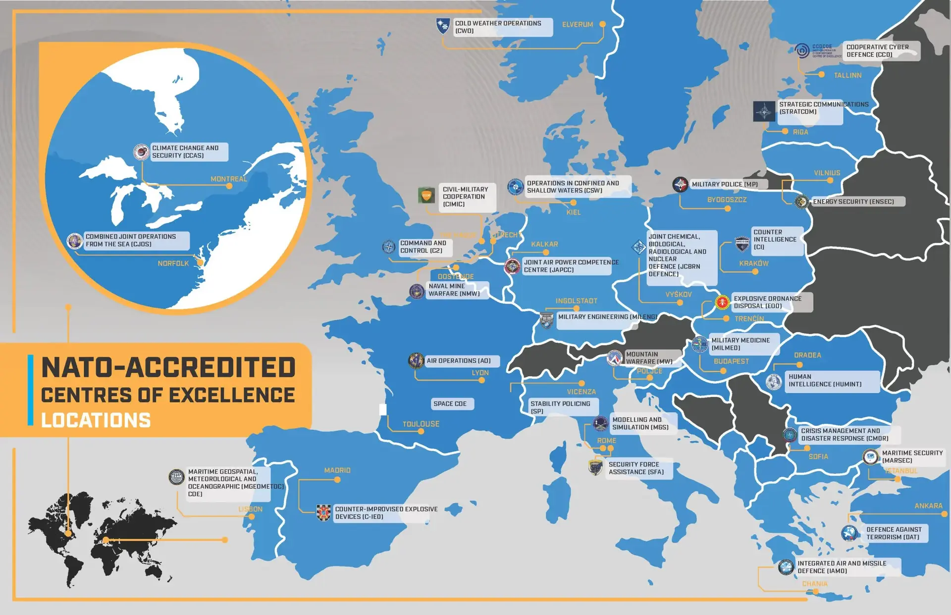 Map of NATO-accredited Centres of Excellence locations