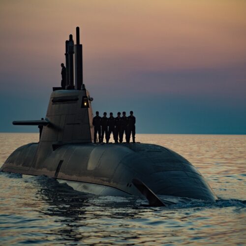 The submarine Venuti surfaced at sea with her crew on deck.